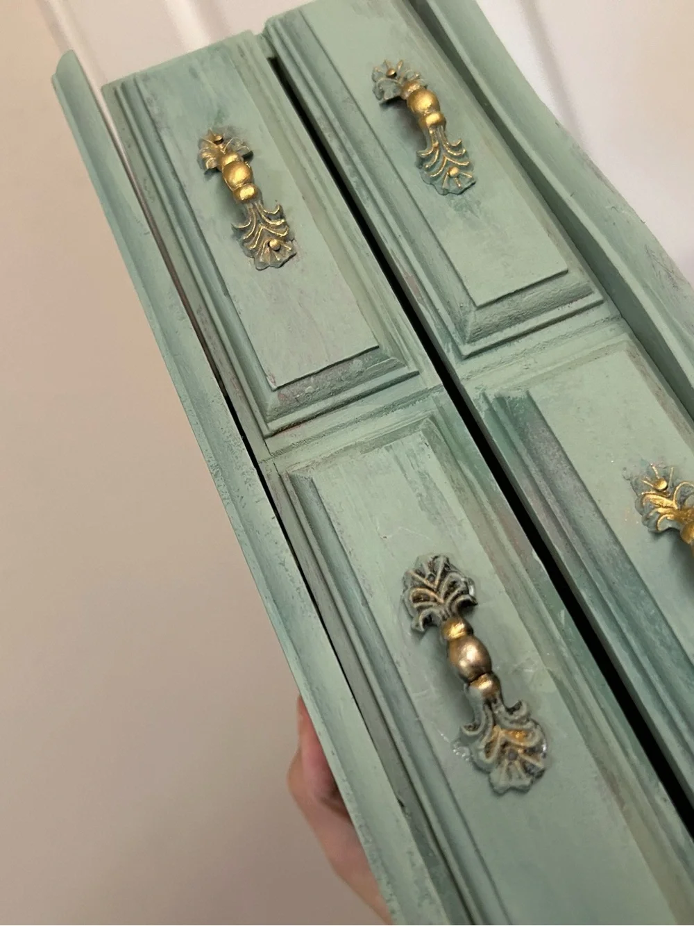 refurbished vintage jewelry box green painted finish ornate gold handles